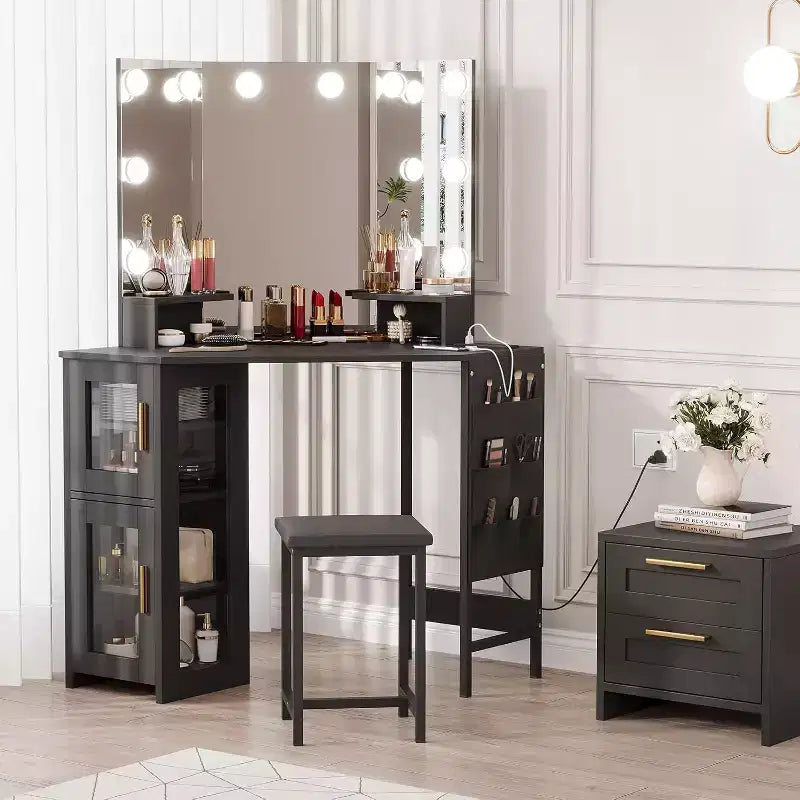 Corner Vanity Desk and Stool, Corner Makeup Vanity with Light Bulbs Mirror Charging Station and Cabinet for Bedroom