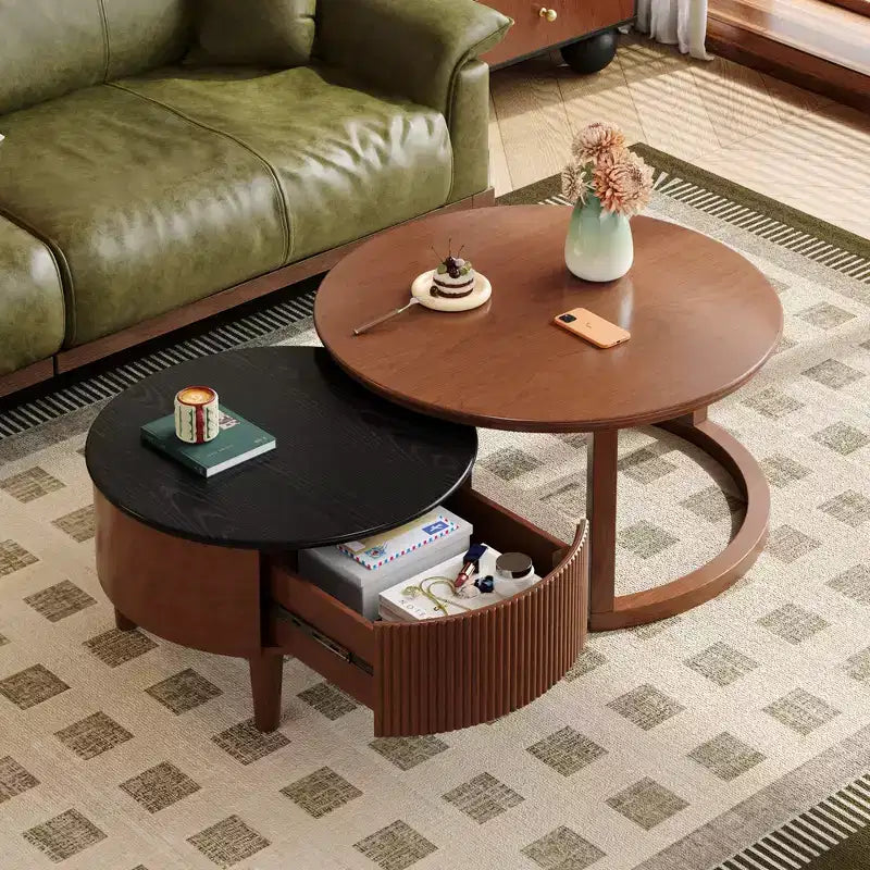 Nesting Coffee Table Round Cocktail Table Center Table Sofa Side Table Vintage Accent Table with Drawer, Black & Walnut - ModernLuxe