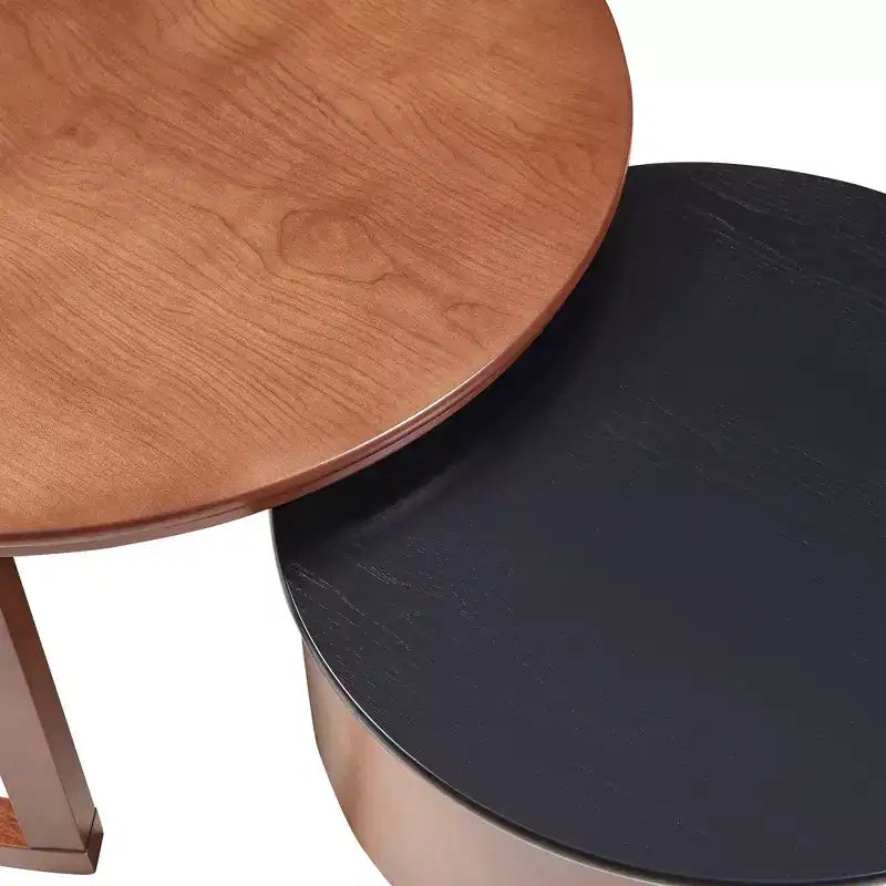 Set di 2 tavolini rotondi sovrapponibili con cassetto, nero e noce