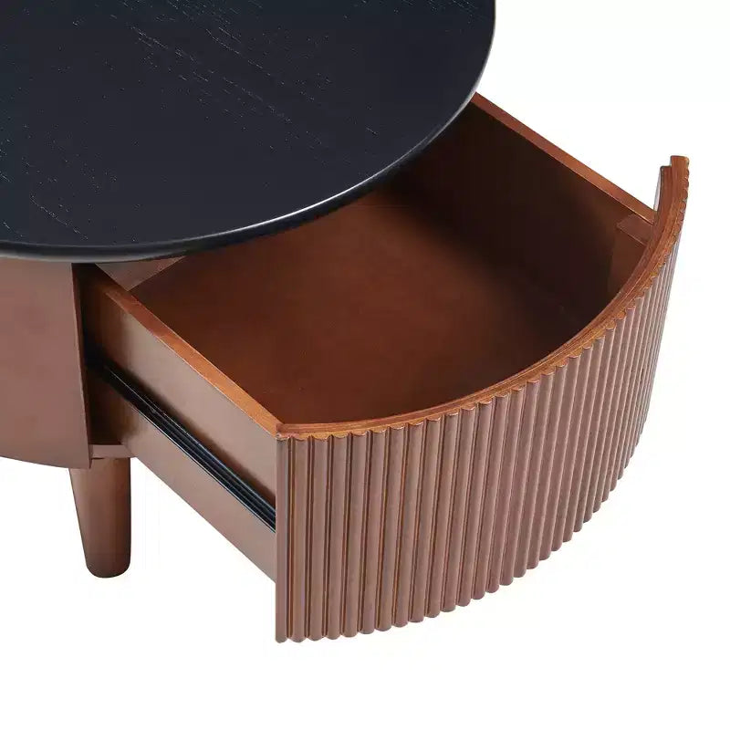 Set di 2 tavolini rotondi sovrapponibili con cassetto, nero e noce