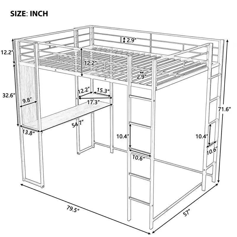 Letto a soppalco in metallo full size con scrivania e ripiani, argento