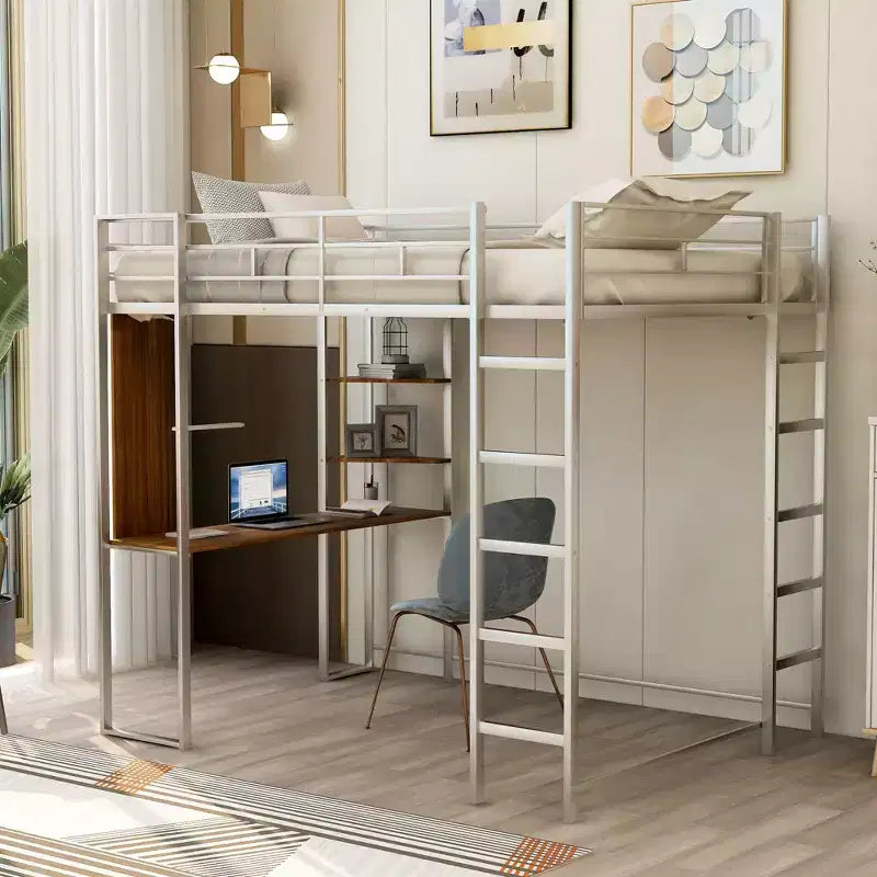 Letto a soppalco in metallo full size con scrivania e ripiani, argento