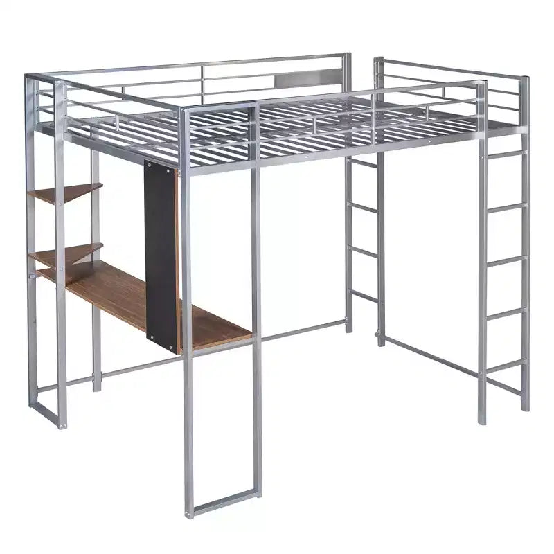 Letto a soppalco in metallo full size con scrivania e ripiani, argento