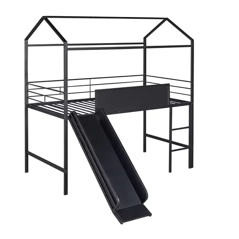 Letto a castello Twin Metal House con scivolo e lavagna per bambini e ragazzi