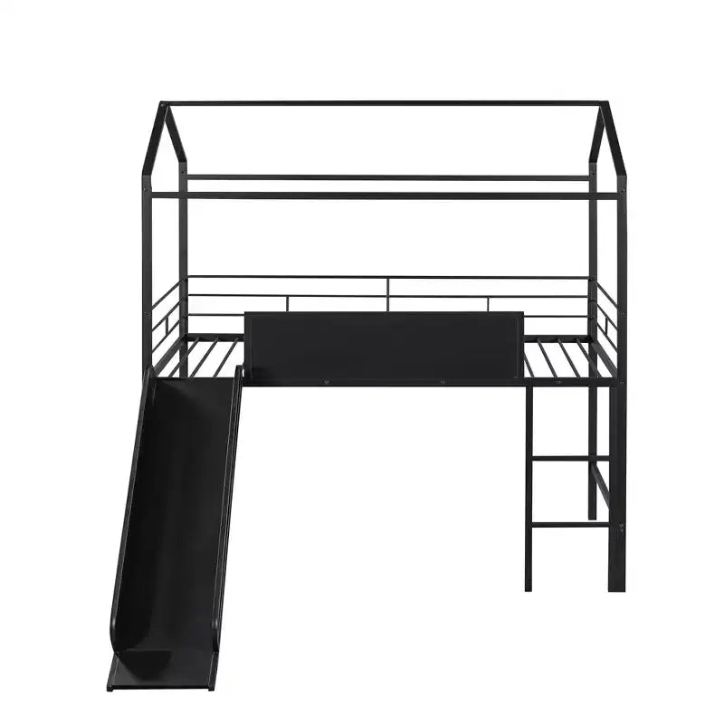 Letto a castello Twin Metal House con scivolo e lavagna per bambini e ragazzi
