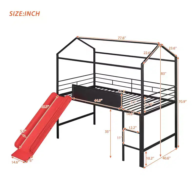 Letto a castello Twin Metal House con scivolo e lavagna per bambini e ragazzi