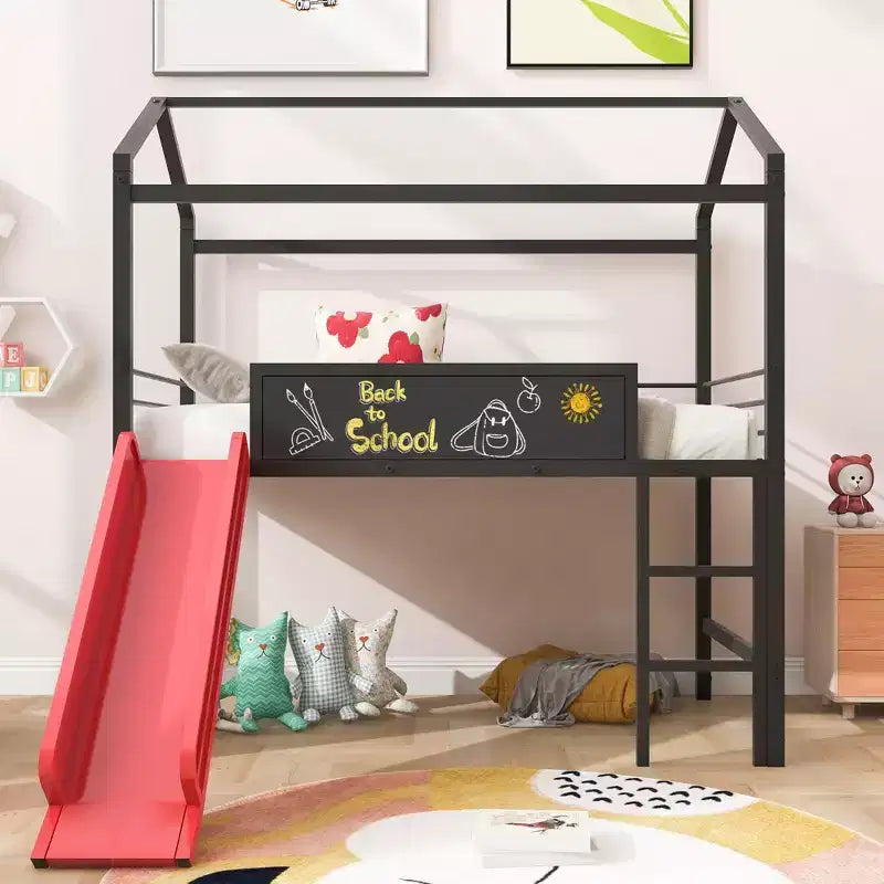 Letto a castello Twin Metal House con scivolo e lavagna per bambini e ragazzi