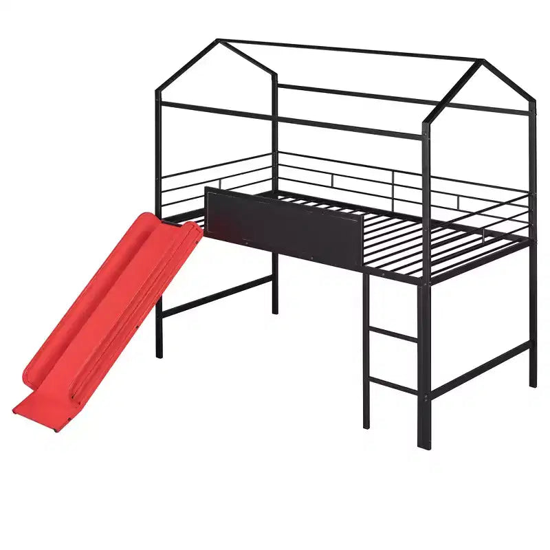 Letto a castello Twin Metal House con scivolo e lavagna per bambini e ragazzi