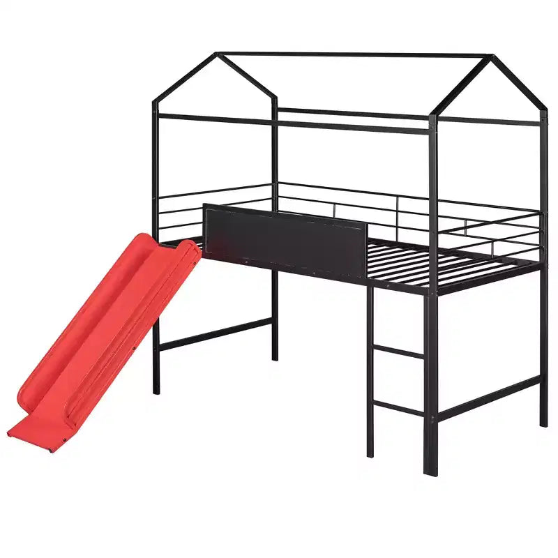 Letto a castello Twin Metal House con scivolo e lavagna per bambini e ragazzi