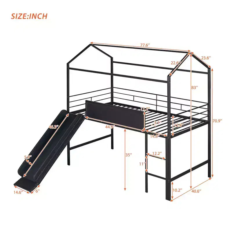 Letto a castello Twin Metal House con scivolo e lavagna per bambini e ragazzi