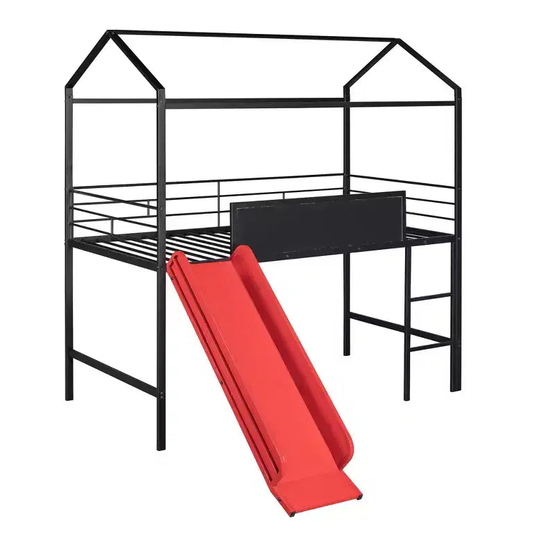 Letto a castello Twin Metal House con scivolo e lavagna per bambini e ragazzi