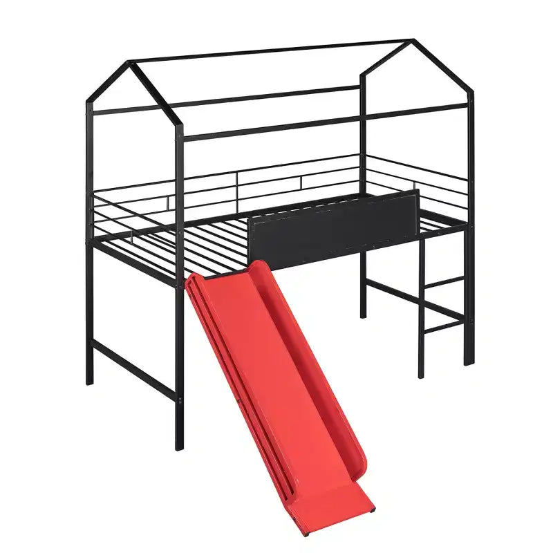Letto a castello Twin Metal House con scivolo e lavagna per bambini e ragazzi
