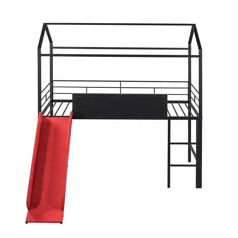 Letto a castello Twin Metal House con scivolo e lavagna per bambini e ragazzi