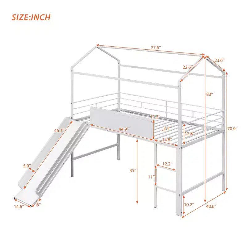 Letto a castello Twin Metal House con scivolo e lavagna per bambini e ragazzi