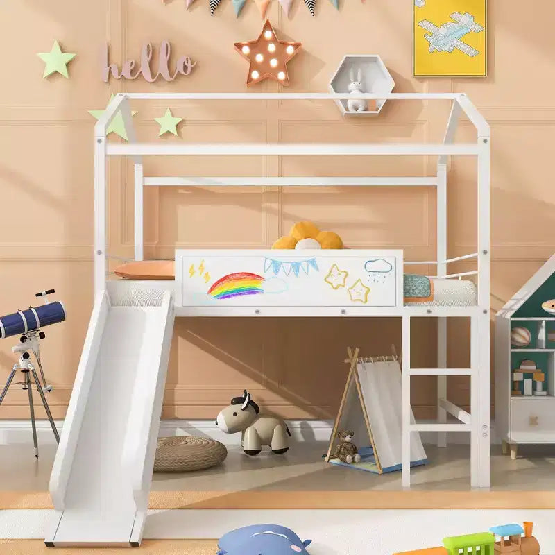 Letto a castello Twin Metal House con scivolo e lavagna per bambini e ragazzi