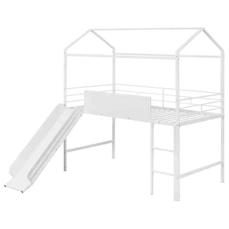Letto a castello Twin Metal House con scivolo e lavagna per bambini e ragazzi