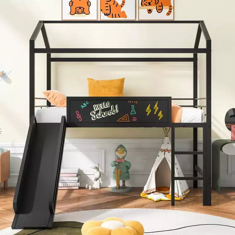 Letto a castello Twin Metal House con scivolo e lavagna per bambini e ragazzi