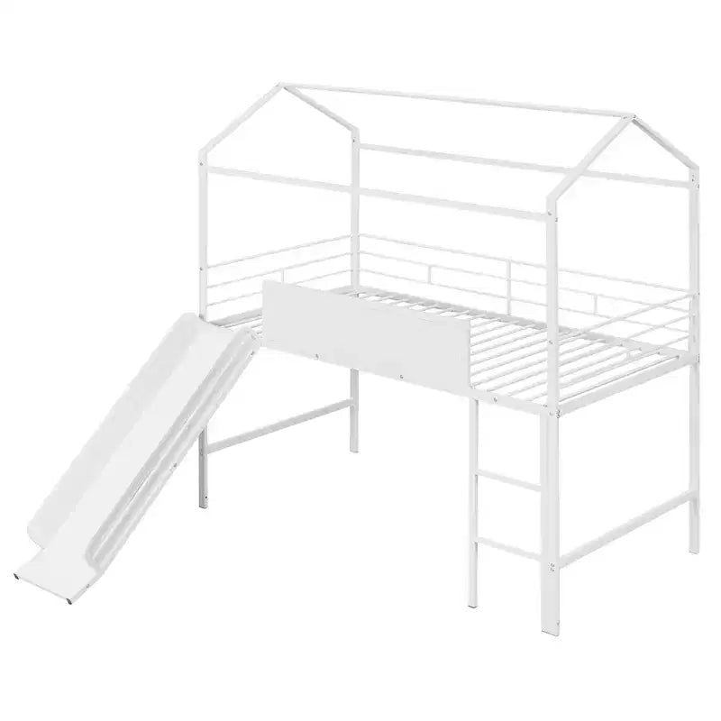 Letto a castello Twin Metal House con scivolo e lavagna per bambini e ragazzi