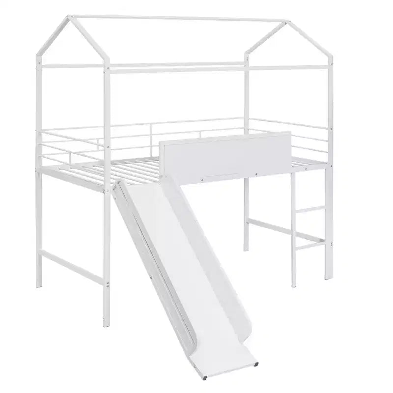Letto a castello Twin Metal House con scivolo e lavagna per bambini e ragazzi