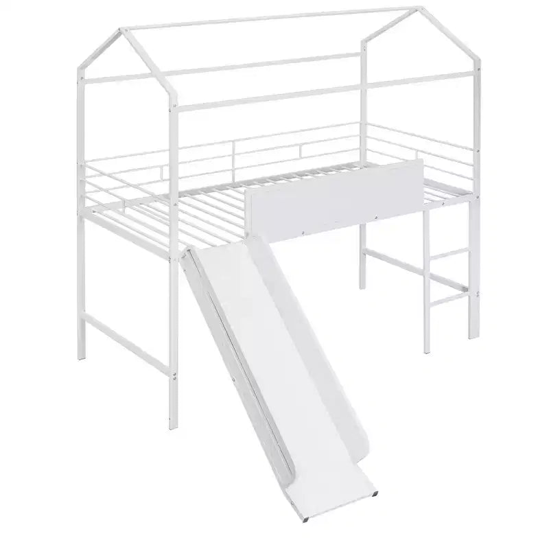 Letto a castello Twin Metal House con scivolo e lavagna per bambini e ragazzi