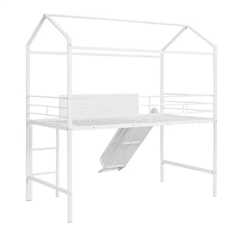 Letto a castello Twin Metal House con scivolo e lavagna per bambini e ragazzi