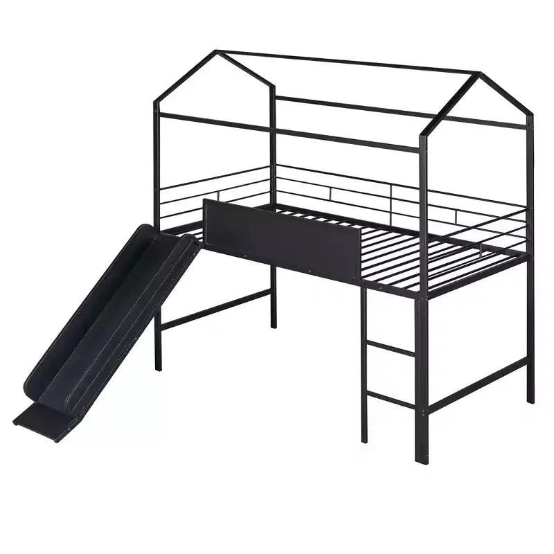 Letto a castello Twin Metal House con scivolo e lavagna per bambini e ragazzi