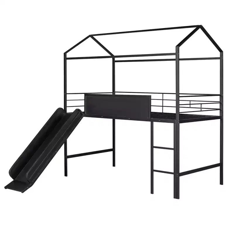 Letto a castello Twin Metal House con scivolo e lavagna per bambini e ragazzi