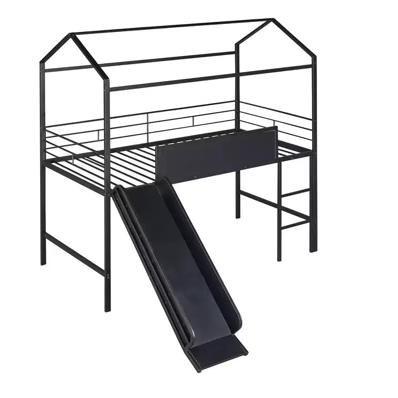 Letto a castello Twin Metal House con scivolo e lavagna per bambini e ragazzi