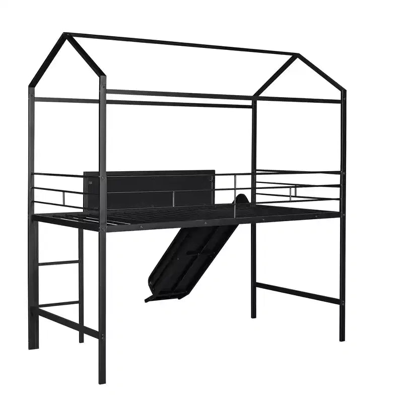 Letto a castello Twin Metal House con scivolo e lavagna per bambini e ragazzi