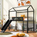 Twin Loft Bed with Slide Metal House Bed with Roof, Low Loft Bed with Writable Wooden Board for Kids Teens