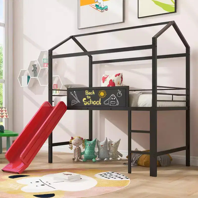 Letto a castello Twin Metal House con scivolo e lavagna per bambini e ragazzi