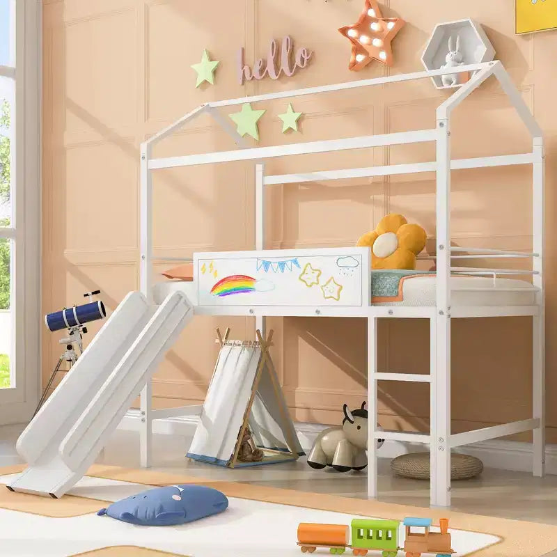 Letto a castello Twin Metal House con scivolo e lavagna per bambini e ragazzi