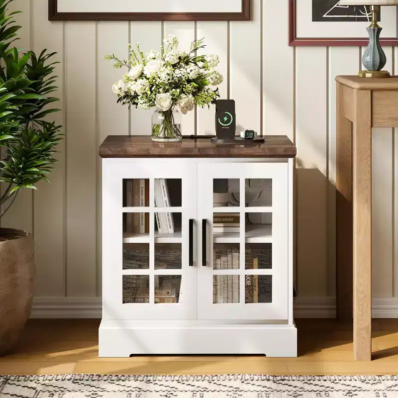 24 Modern End Table, Wood Bedroom Nightstand with Glass Door, Accent Sofa Side Table with Adjustable Shelf, Narrow Bedside Table for Small Space