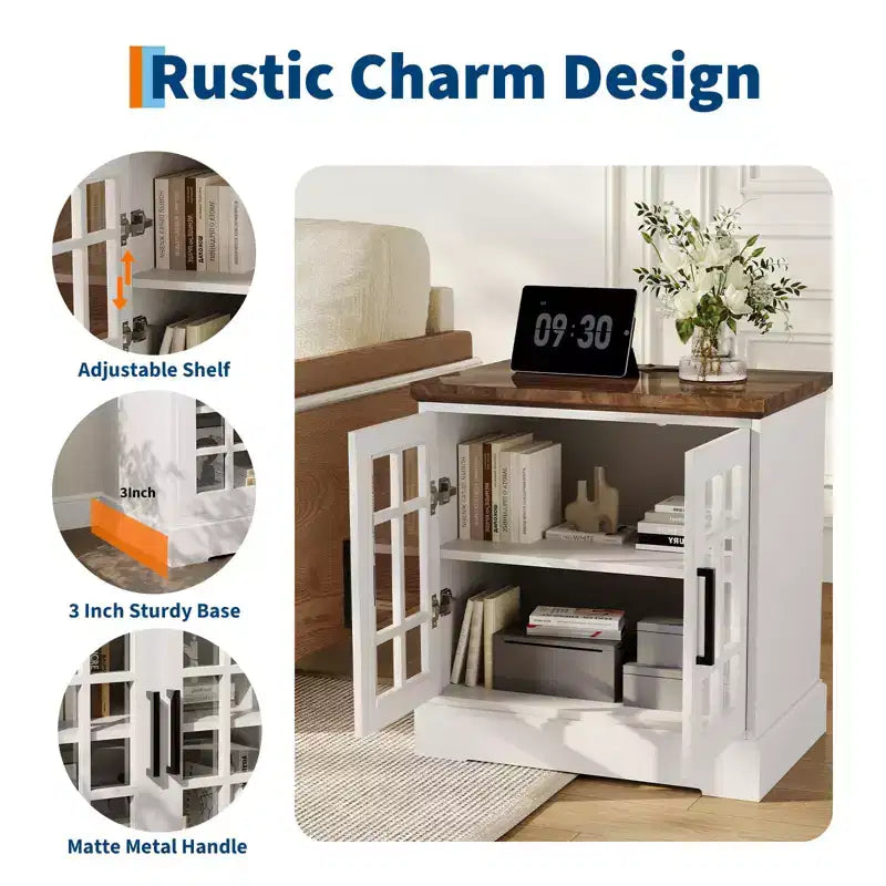 Comodino moderno da 24", comodino in legno con anta in vetro, tavolino da divano accentuato con ripiano regolabile, comodino stretto per piccoli spazi