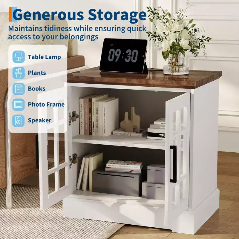 Comodino moderno da 24", comodino in legno con anta in vetro, tavolino da divano accentuato con ripiano regolabile, comodino stretto per piccoli spazi