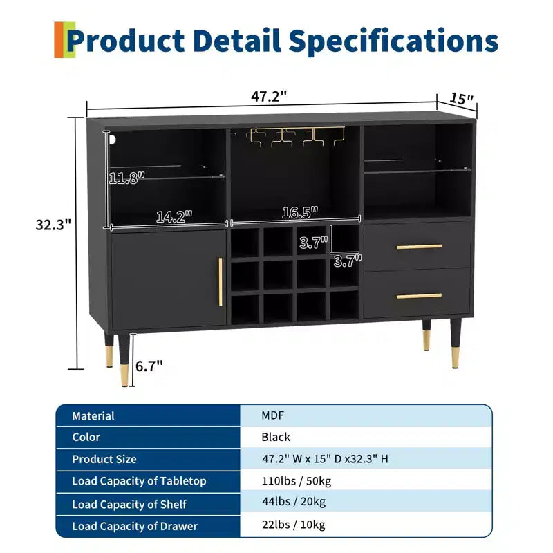 Mobile credenza bar moderno da 47" con luci a LED, stazione di ricarica e portabottiglie per soggiorno