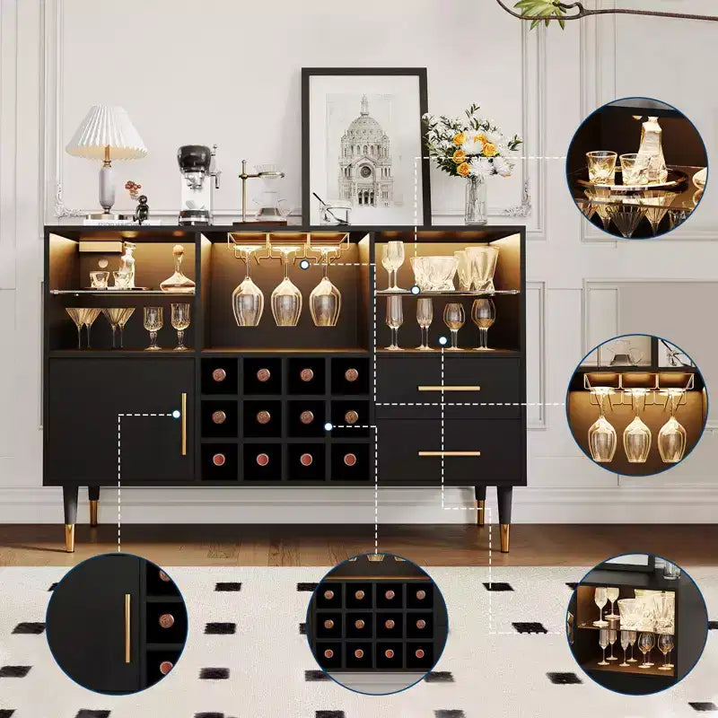 Mobile credenza bar moderno da 47" con luci a LED, stazione di ricarica e portabottiglie per soggiorno