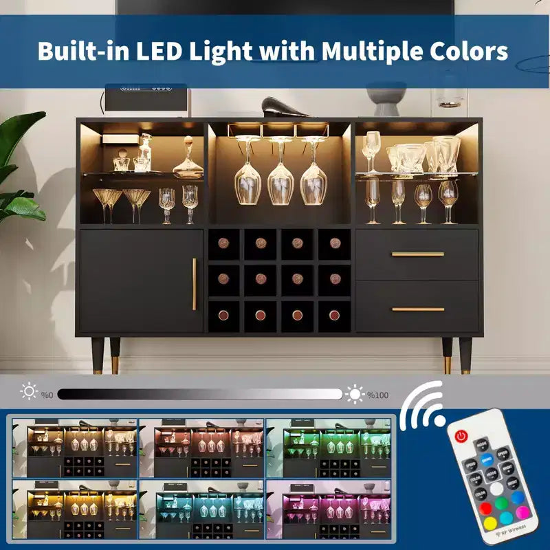 Mobile credenza bar moderno da 47" con luci a LED, stazione di ricarica e portabottiglie per soggiorno