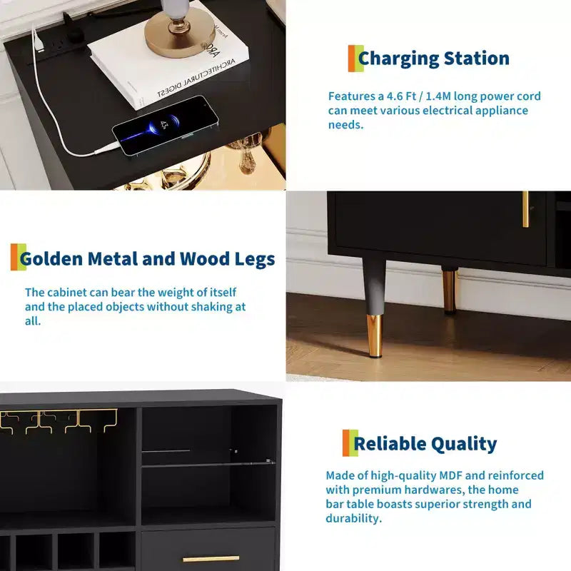 Mobile credenza bar moderno da 47" con luci a LED, stazione di ricarica e portabottiglie per soggiorno