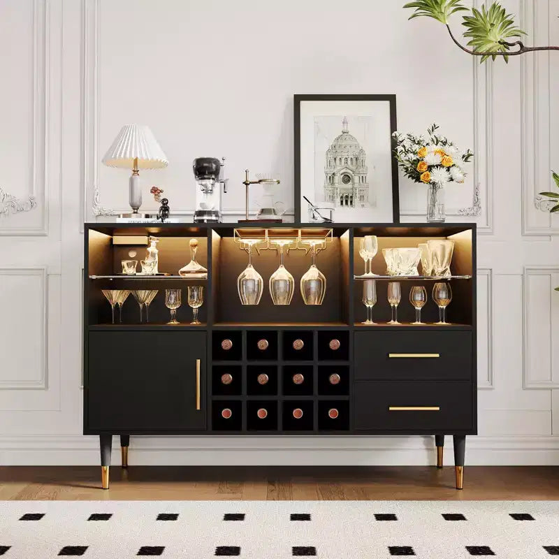 Mobile credenza bar moderno da 47" con luci a LED, stazione di ricarica e portabottiglie per soggiorno