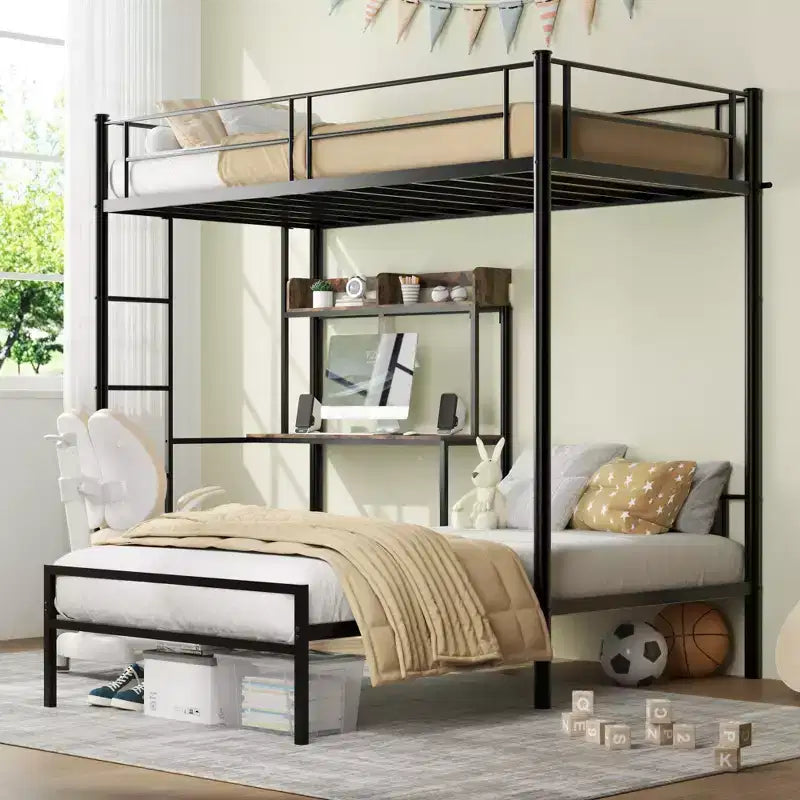 Twin-Over-Twin L-Shaped Metal Bunk Bed with Desk, Charging Station, Storage Shelves, Bookcase, and Safety Guardrails, Black