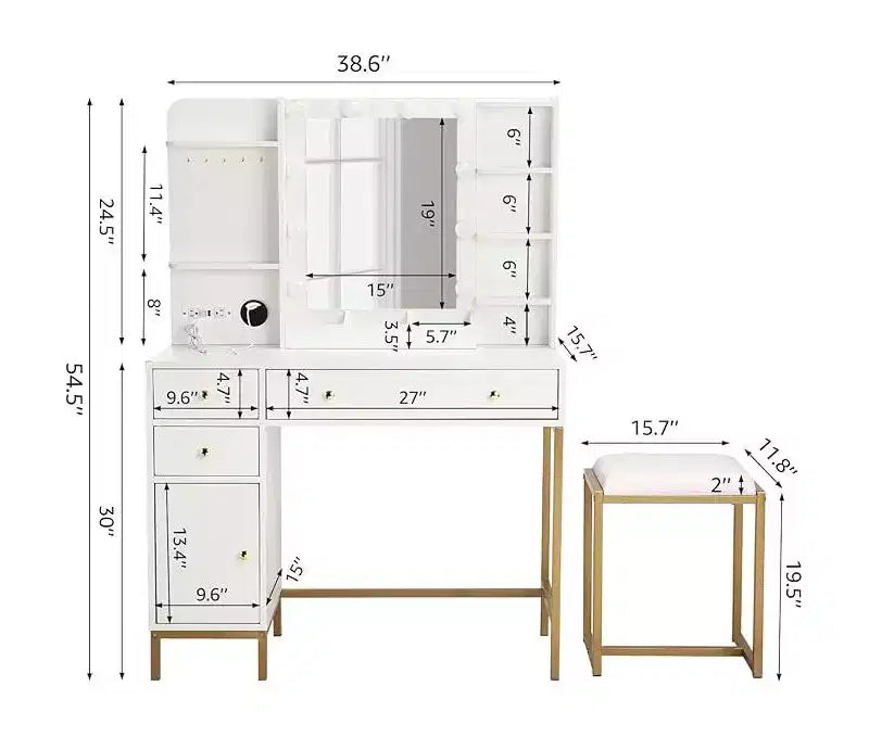 Set da toeletta bianco con specchio e presa di corrente - Tavolo da trucco con mensole, cassetti, porte di ricarica e sgabello