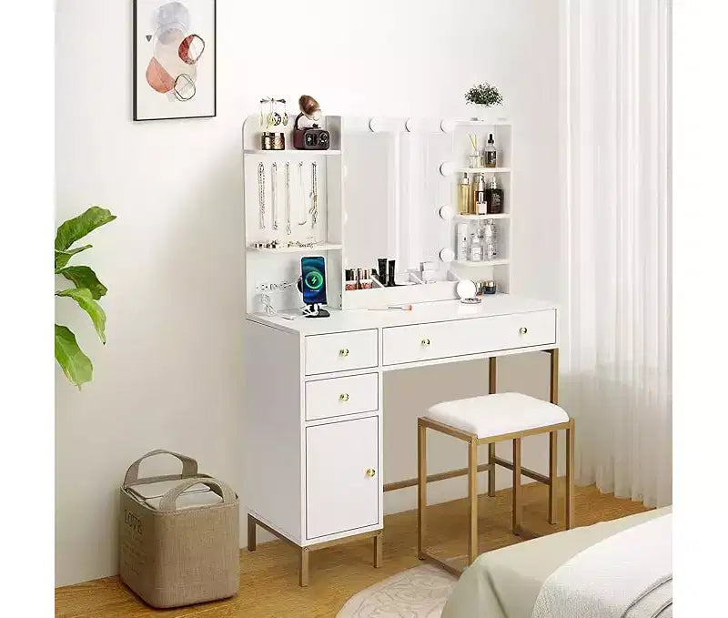 Set da toeletta bianco con specchio e presa di corrente - Tavolo da trucco con mensole, cassetti, porte di ricarica e sgabello