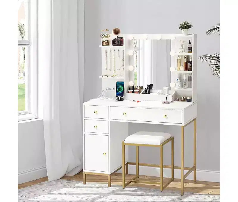 Set da toeletta bianco con specchio e presa di corrente - Tavolo da trucco con mensole, cassetti, porte di ricarica e sgabello