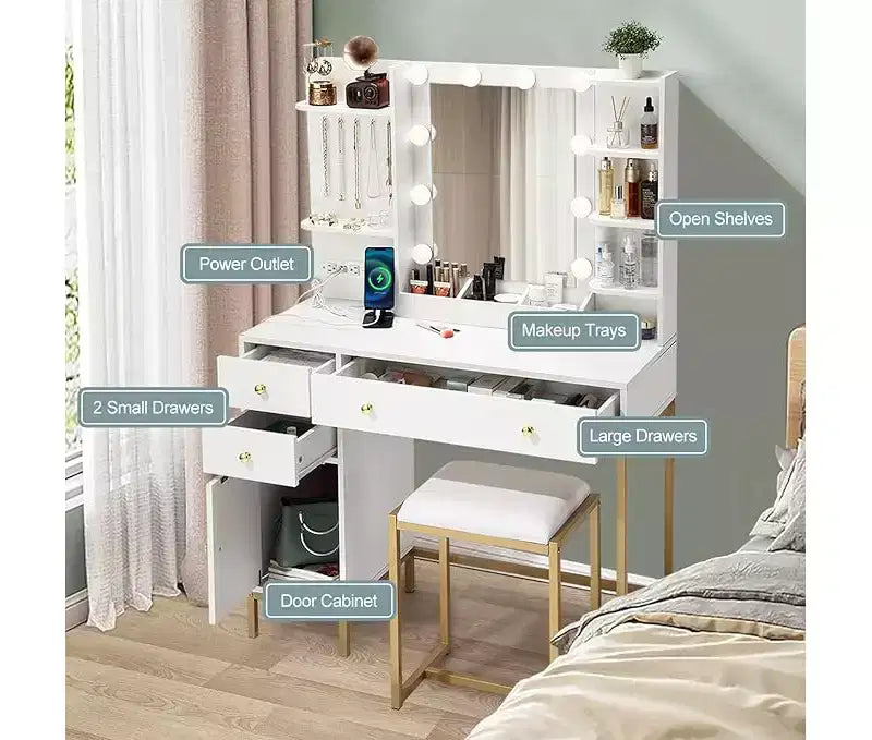 Set da toeletta bianco con specchio e presa di corrente - Tavolo da trucco con mensole, cassetti, porte di ricarica e sgabello