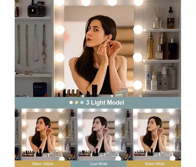 Set da toeletta bianco con specchio e presa di corrente - Tavolo da trucco con mensole, cassetti, porte di ricarica e sgabello