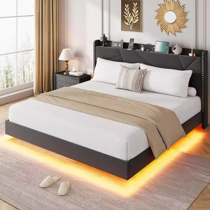 Base letto imbottita con contenitore e LED integrati nella testiera