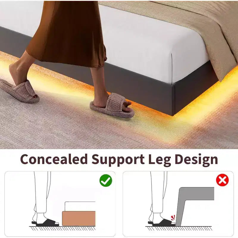 Base letto imbottita con contenitore e LED integrati nella testiera