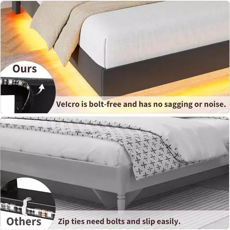 Base letto imbottita con contenitore e LED integrati nella testiera