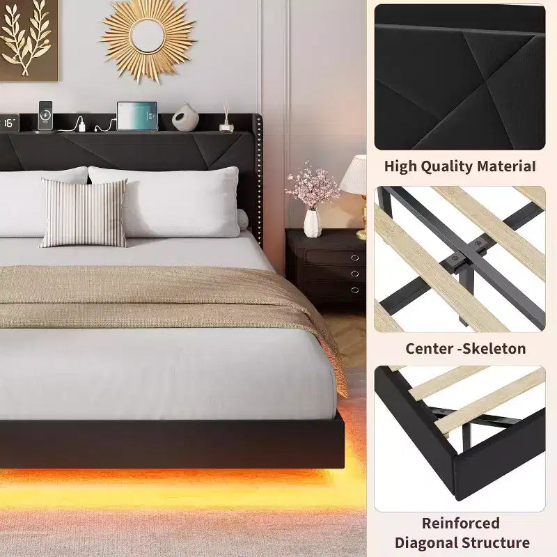 Base letto imbottita con contenitore e LED integrati nella testiera